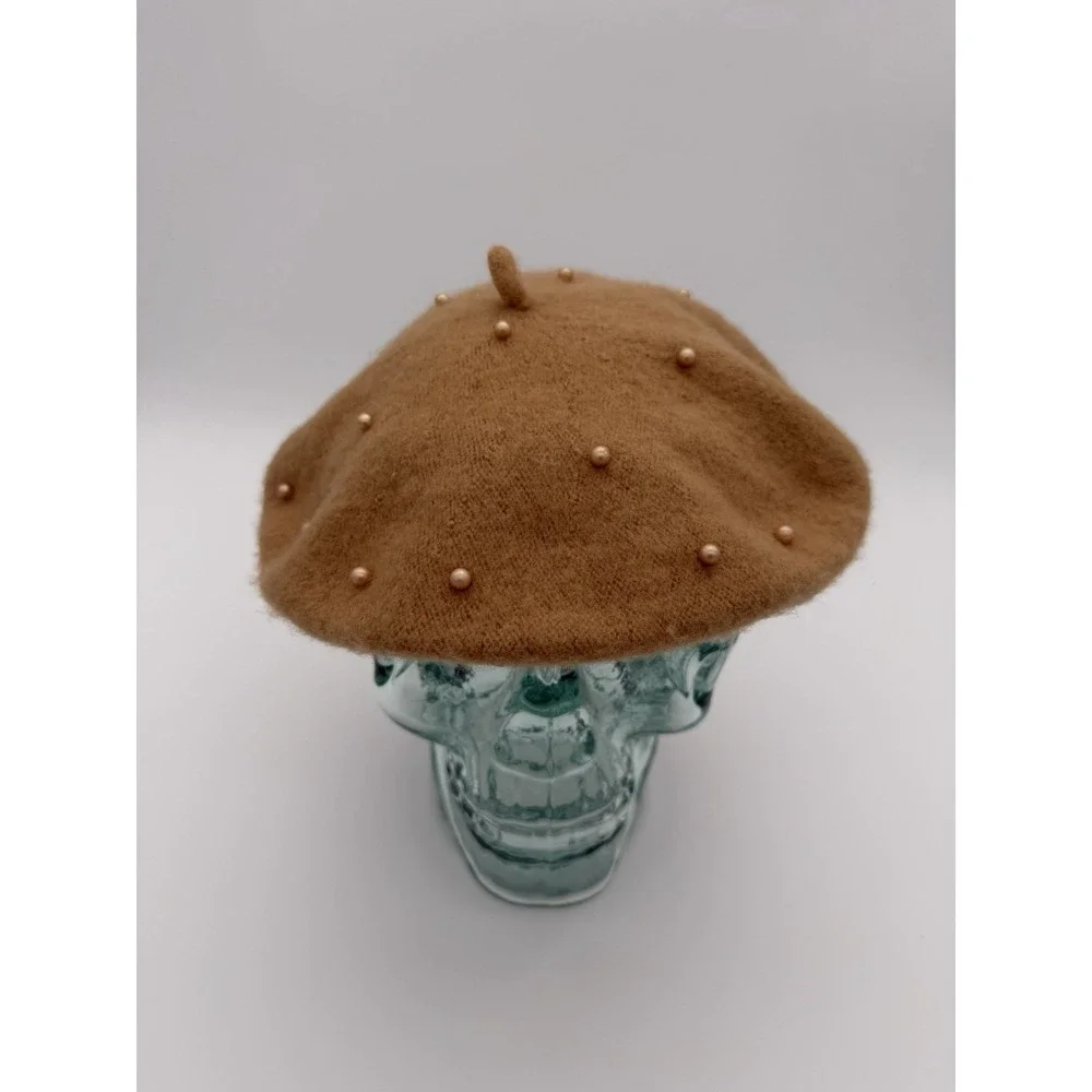 Marcus Adler Women's Wool Pearl Beaded French Beret Hat One Size Tan Brown